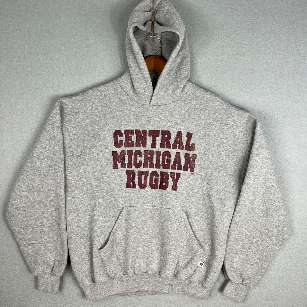 VTG Central Michigan Rugby Hoodie Mens XL 2000s Y2K Gray Sweatshirt CMU Russell